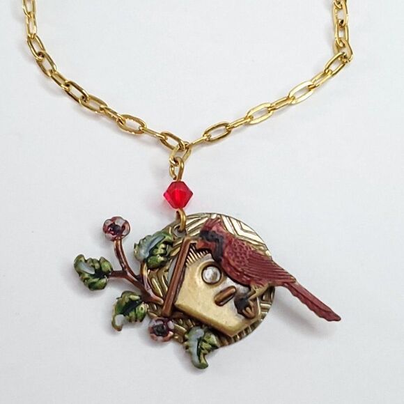 Silver Forest Goldtone Cardinal Bird Necklace Pendant Birdhouse Tree Leaves Red - Picture 1 of 4